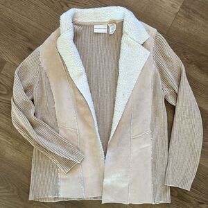 Alfred‎ Dunner Women's Jacket Faux Suede Sherpa Lined Sz. 12 Tan Open Front Coat